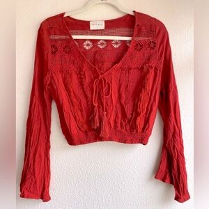 Vestique Boho Lace Fall Crop Top | Rust Red Long Sleeve | Size Small
